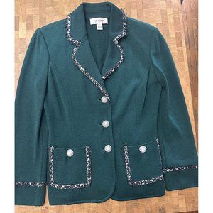 St. John Santana Knit Green Jacket Black & White Trim Pearl Buttons Size 6